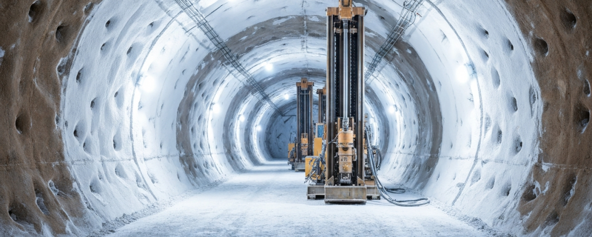 Untertage-Hartgestein-Tunnel in einem Lithiumprojekt mit sichtbarem Pegmatitgestein