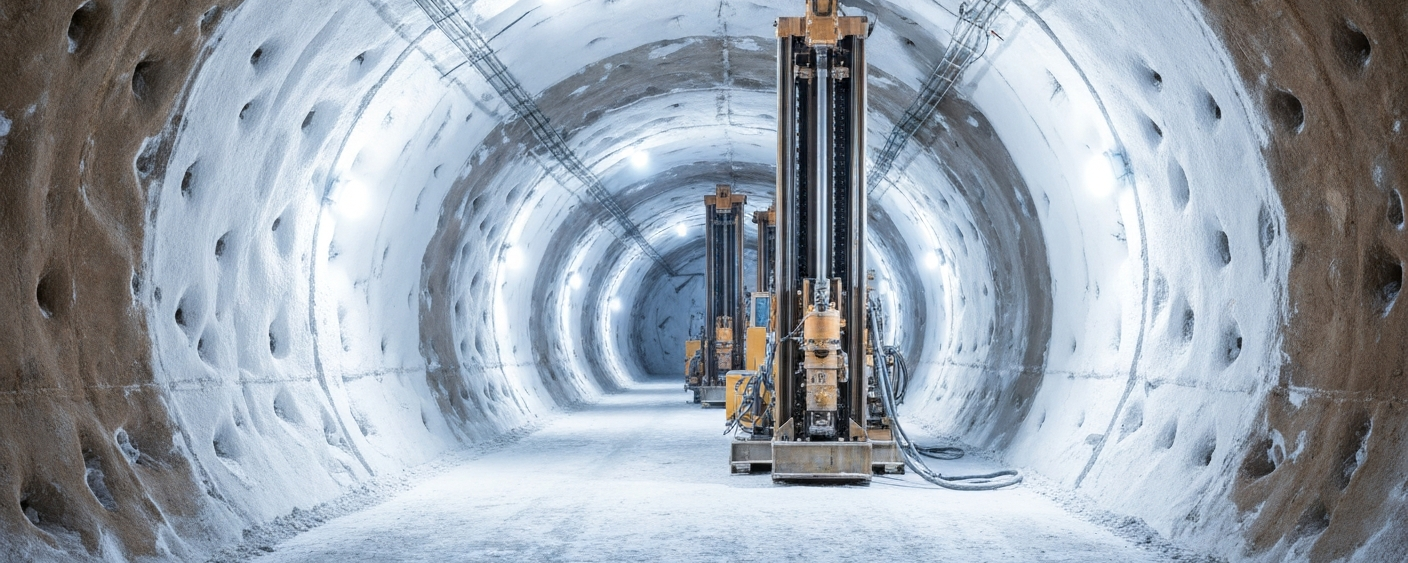 Untertage-Hartgestein-Tunnel in einem Lithiumprojekt mit sichtbarem Pegmatitgestein