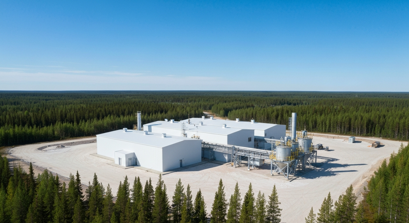 Kompakte Lithiumaufbereitungsanlage von oben, umgeben von Wald in Québec