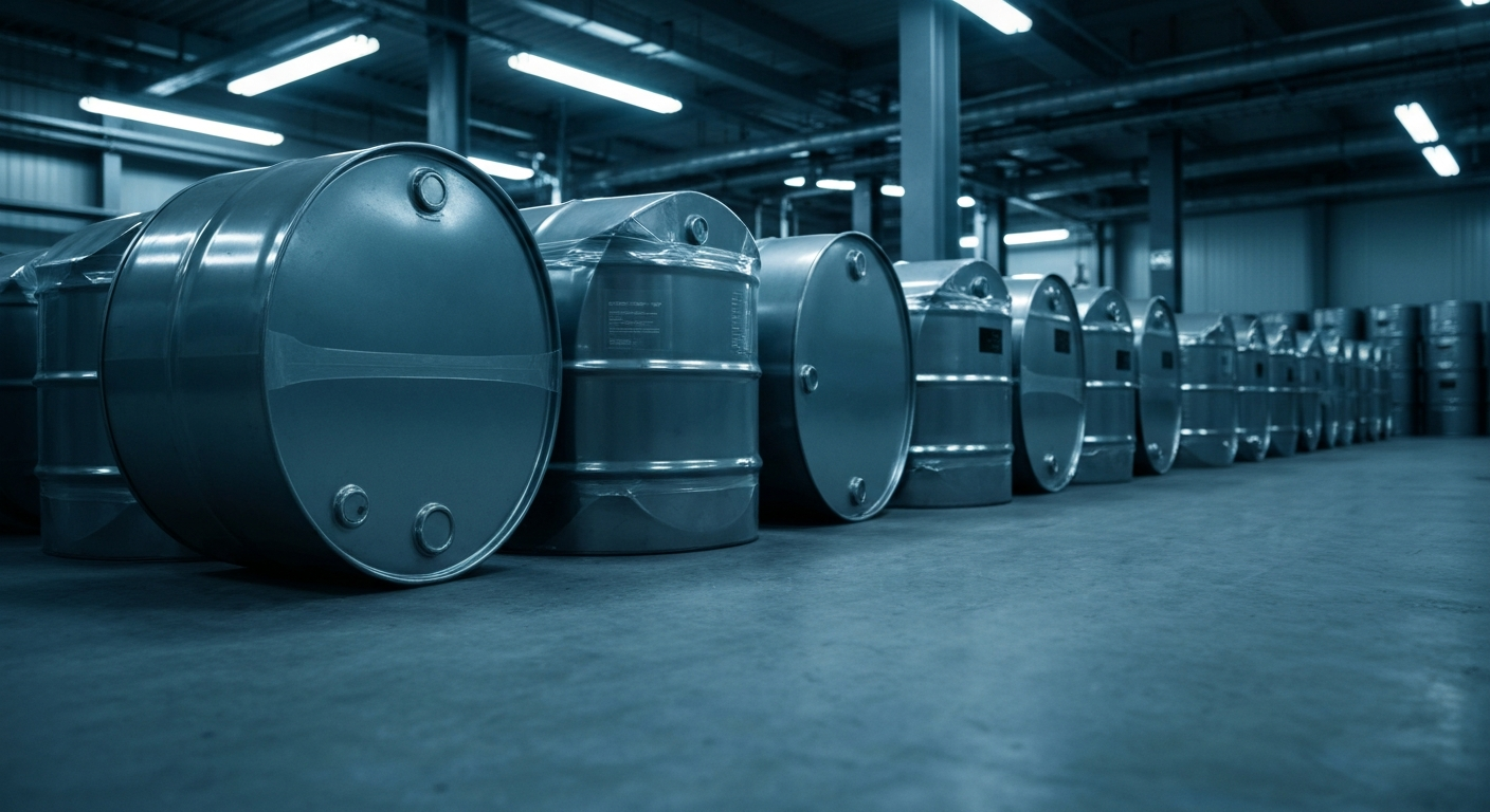 Yellowcake drums on a gray concrete floor at a uranium processing facility