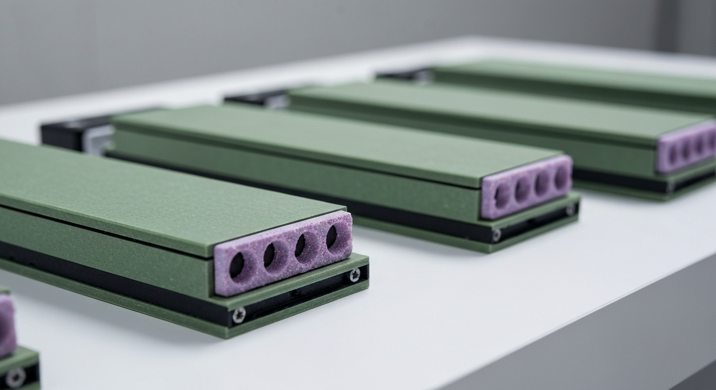 Modular vanadium redox flow battery components on a white surface