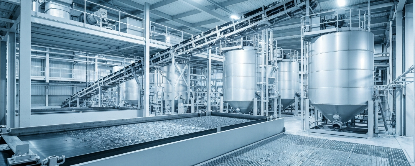 Silberkonzentrat-Aufbereitungsanlage mit Flotationstanks und Förderbändern in kühlem Industrielicht