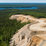 Luftaufnahme eines Lithium-Hartgestein-Explorationsprojekts in Ontario mit Felsaufschlüssen und Boreal-Wald