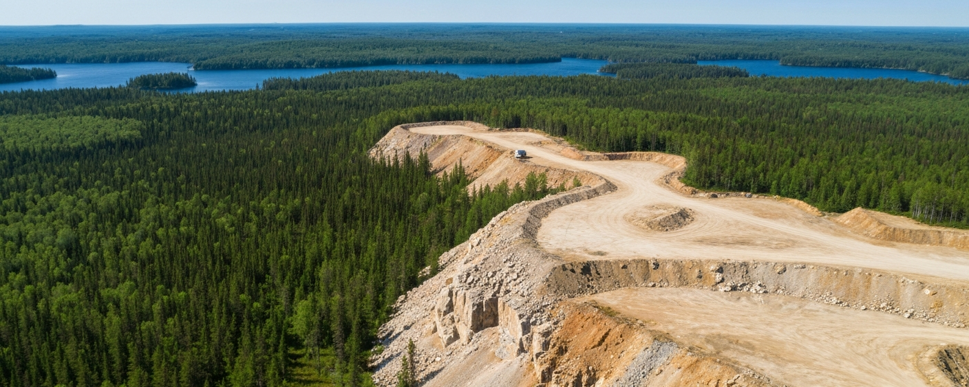 Aerial view of a lithium hard-rock exploration project in Ontario with rock outcrops and boreal forest