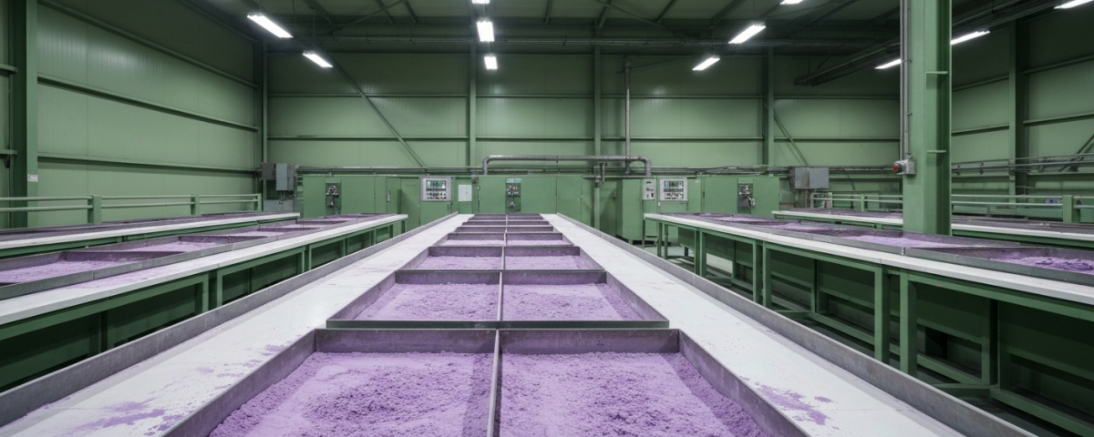 Wolfram-Verarbeitungsanlage mit Oxidpulver auf Stahltabletts in kühlem Industrielicht
