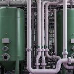 Solvent-Extraction-Anlage in einem Seltene-Erden-Betrieb mit grünen Tanks und mineralischen Ablagerungen