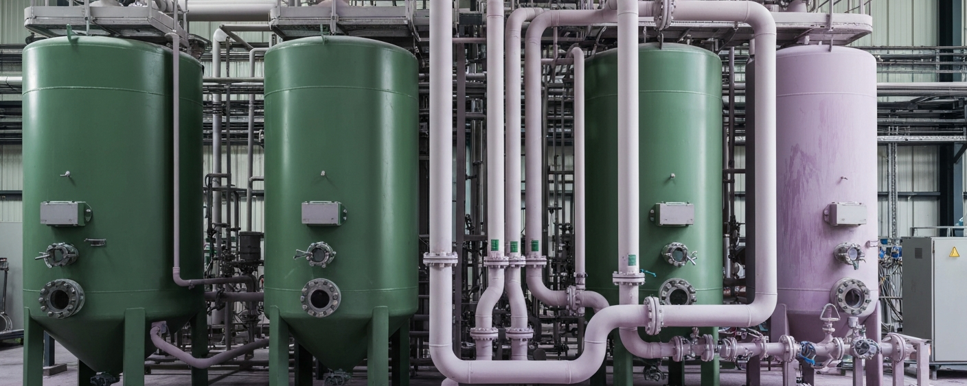 Solvent extraction plant at a rare earths operation with green tanks and mineral deposits