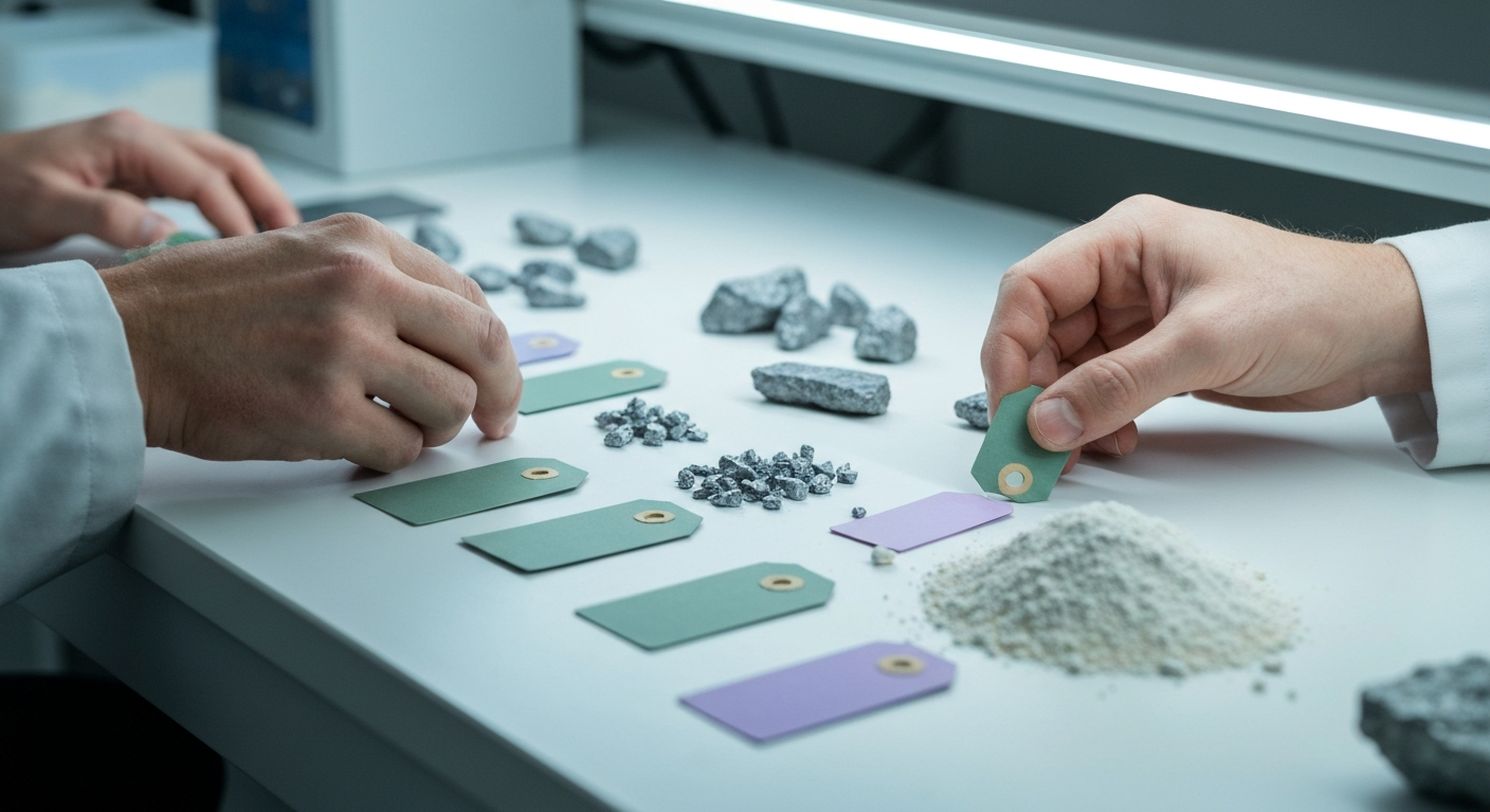 Geologist sorting ore samples containing tin and rare earth minerals on a laboratory table