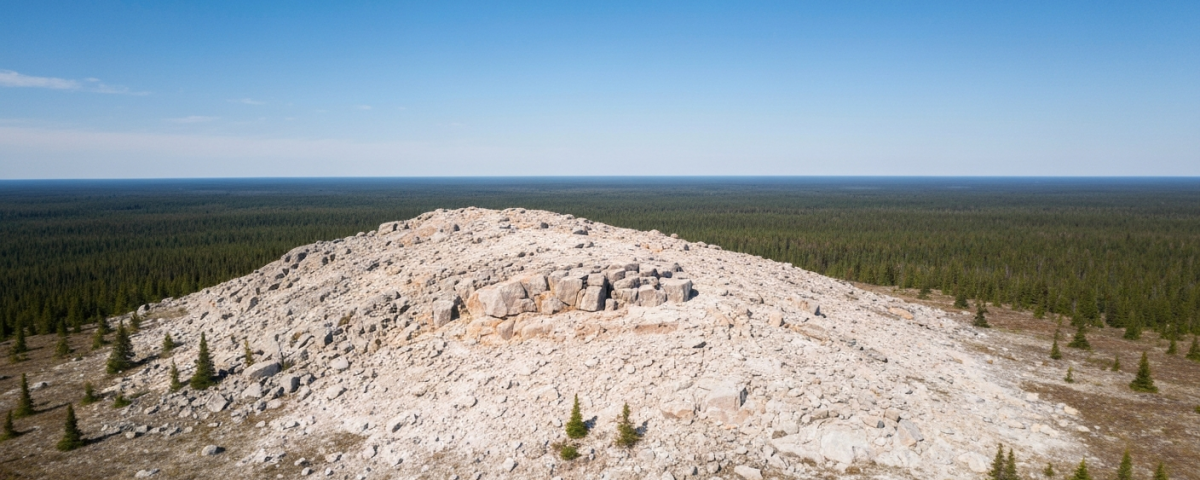 Luftaufnahme eines Pegmatit-Aufschlusses in der kanadischen Boreal-Landschaft unter klarem Tageslicht