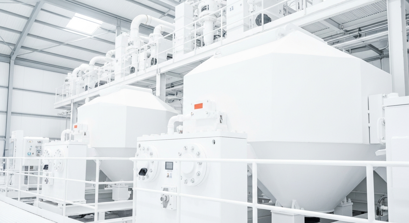 Lithium mineral processing facility in a bright industrial setting with white and blue tones