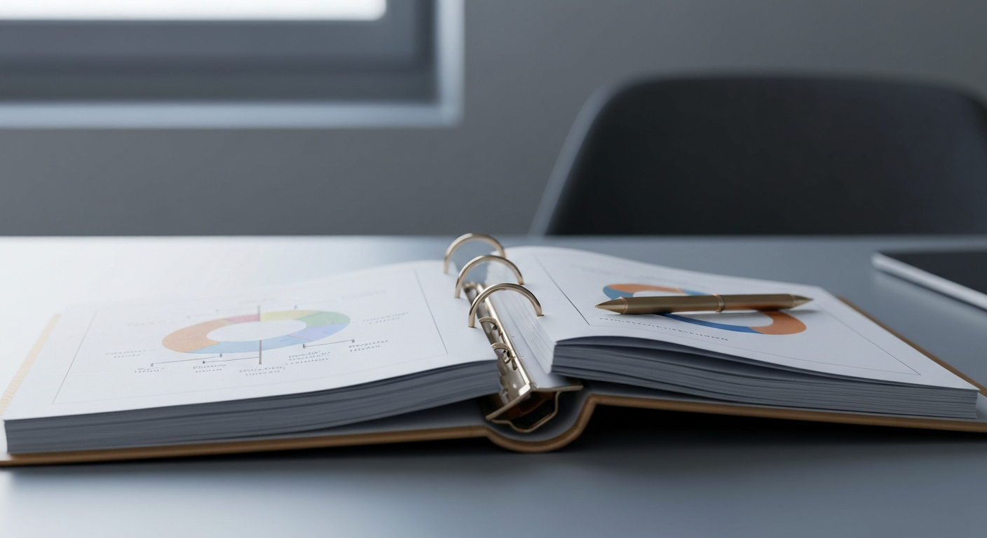 Aufgeschlagener Ordner mit Organigrammen auf einem Schreibtisch – strategische Planung nach einem Führungswechsel