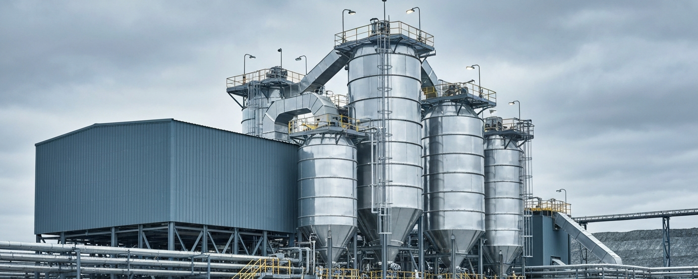 Silber-Aufbereitungsanlage unter bedecktem Himmel in kühlem Grau und Silberweiß