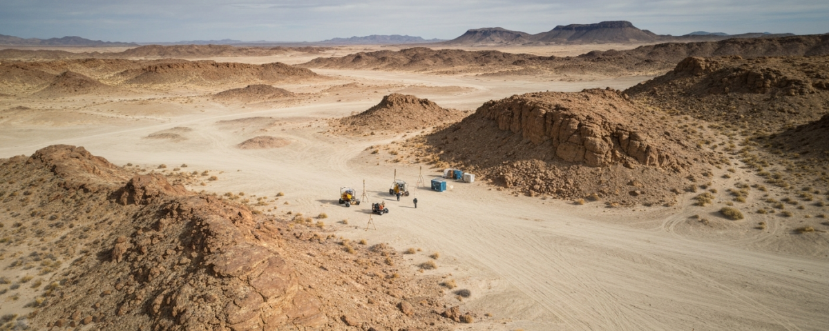 Luftaufnahme eines Goldexplorationscamps in der Nevada-Wüste mit geologischer Feldausrüstung