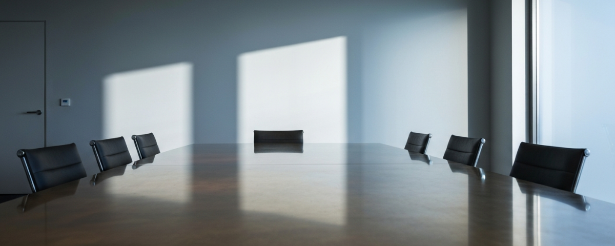 Boardroom mit Konferenztisch in Gold-Bronze-Tönen und kühlen Schatten – Symbol für erfahrene Unternehmensführung bei Jun