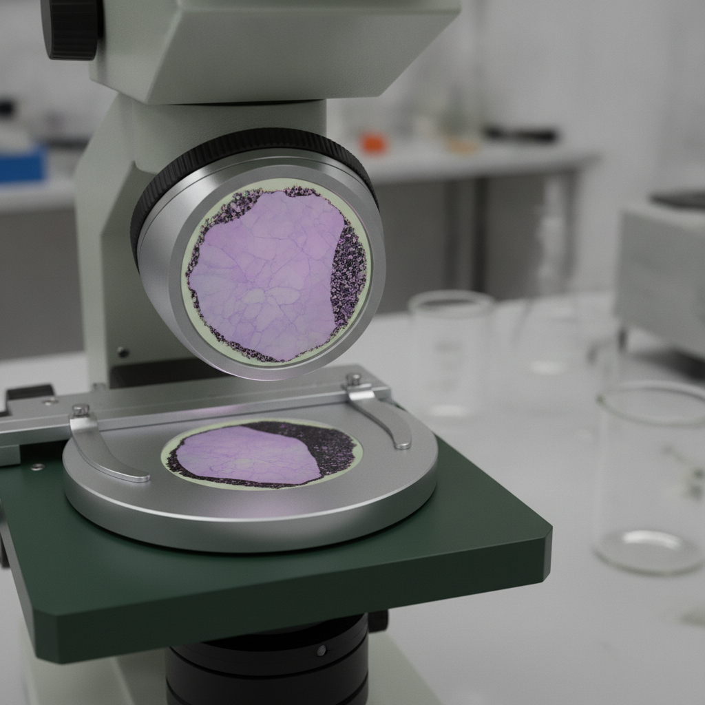 Mineralogist examining a polished ore section under a polarizing microscope in a laboratory