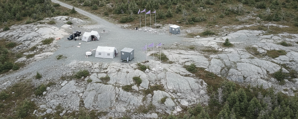 Luftaufnahme eines Explorationsgeländes in Neufundland mit borealer Waldlandschaft und Felsaufschlüssen
