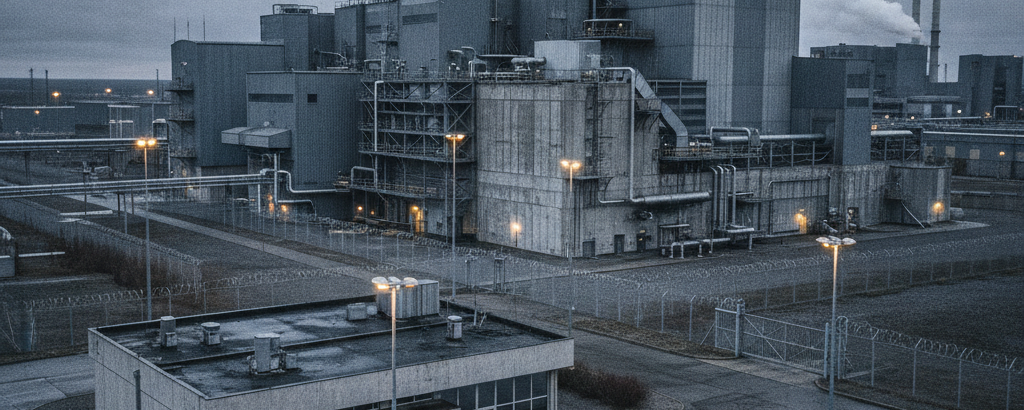 Uranverarbeitungsanlage unter bedecktem Himmel in stahl-blauer und betongrauer Farbgebung