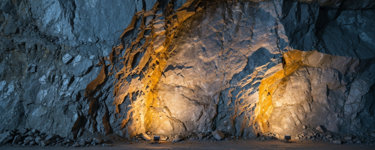 Unterirdischer Goldminengang mit Quarzader in grauem Gestein, warme Gold- und Bronzetöne
