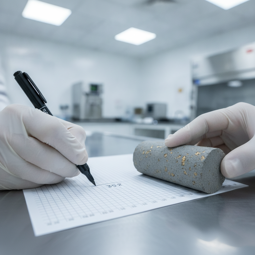 Geologe markiert Bohrkernintervalle im Assay-Labor mit sichtbaren Goldmineralen