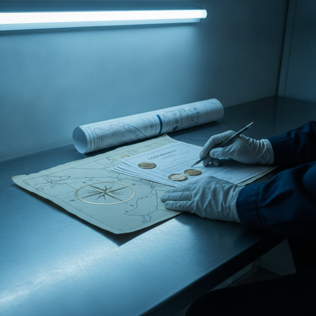 Geologe prüft Konzessionsdokumente und Lagerstättenkarten auf einem Metalltisch