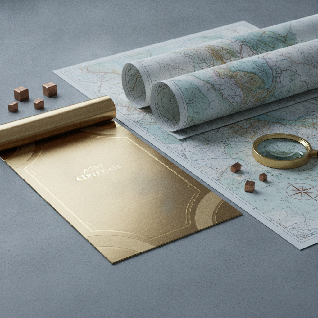 Geological maps and valuation documents on a concrete table – project valuation in the gold sector