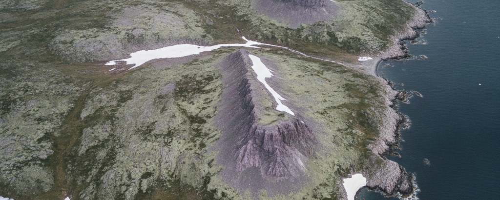 Arktische Küstenlandschaft in Grönland mit Gesteinsaufschlüssen und mineralischer Vegetation