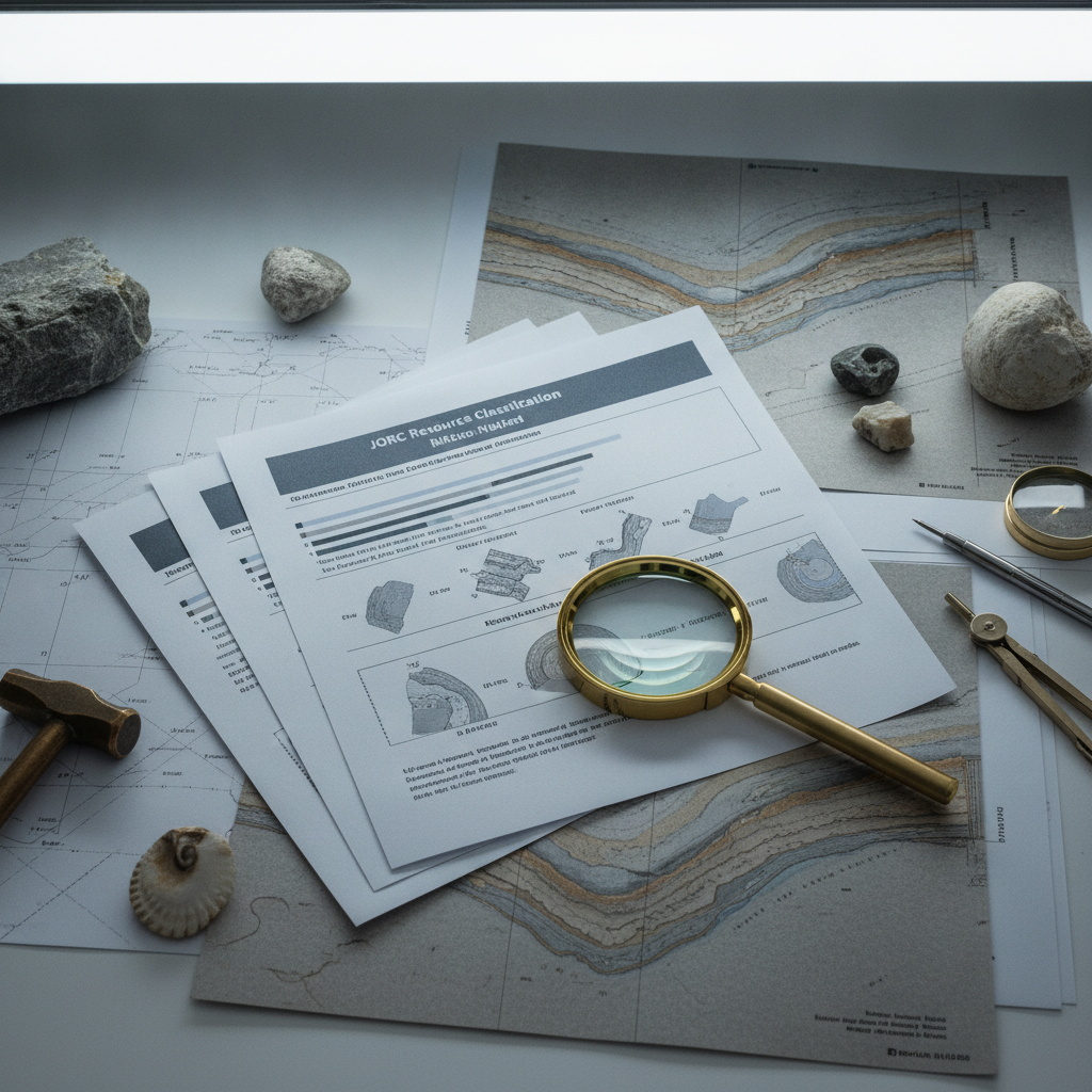 Geological cross-section maps and JORC classification documents on an analyst's desk