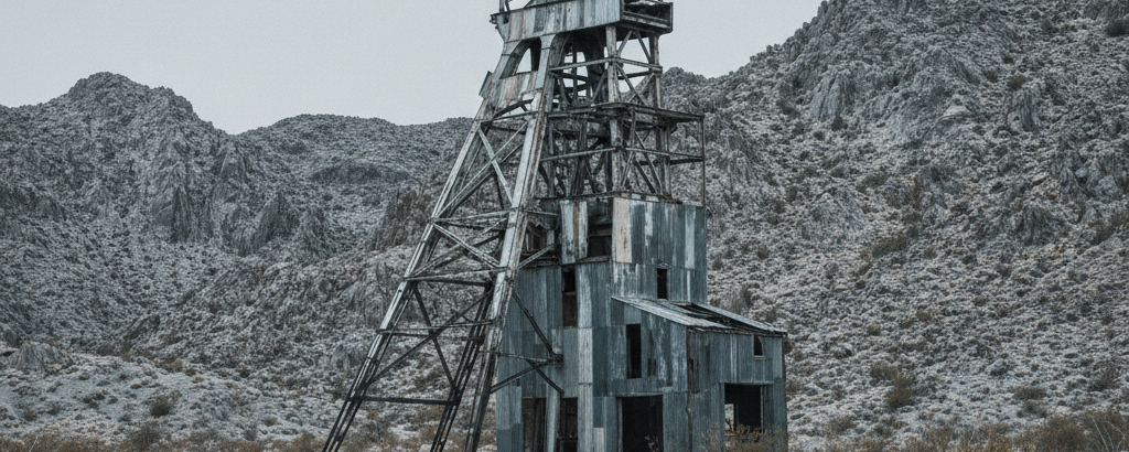 Verlassenes Silberbergwerk-Fördergerüst in karger Felslandschaft unter bewölktem Himmel