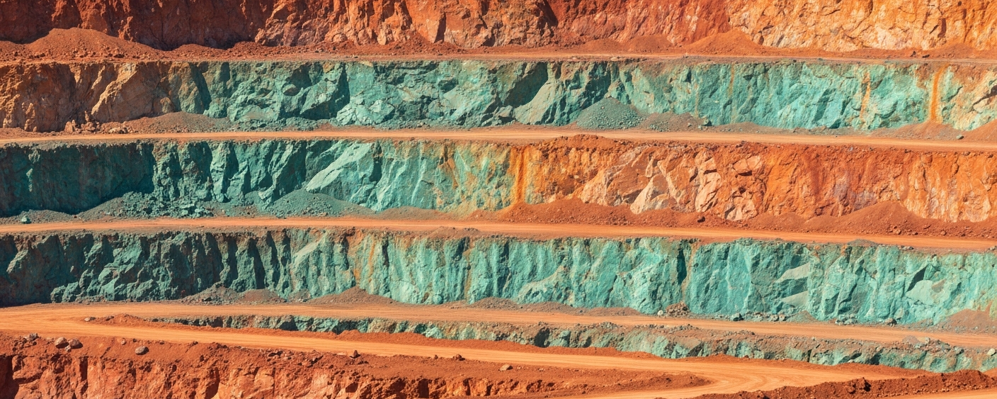 Kupfer-Tagebau mit rötlichen Gesteinsformationen und grüner Oxidation an den Terrassen