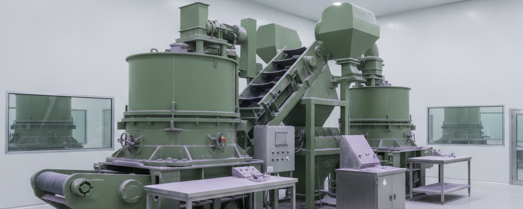 Verarbeitungsanlage für Seltene Erden mit grünen Geräten und Oxidpulver-Rückständen auf weißen Oberflächen