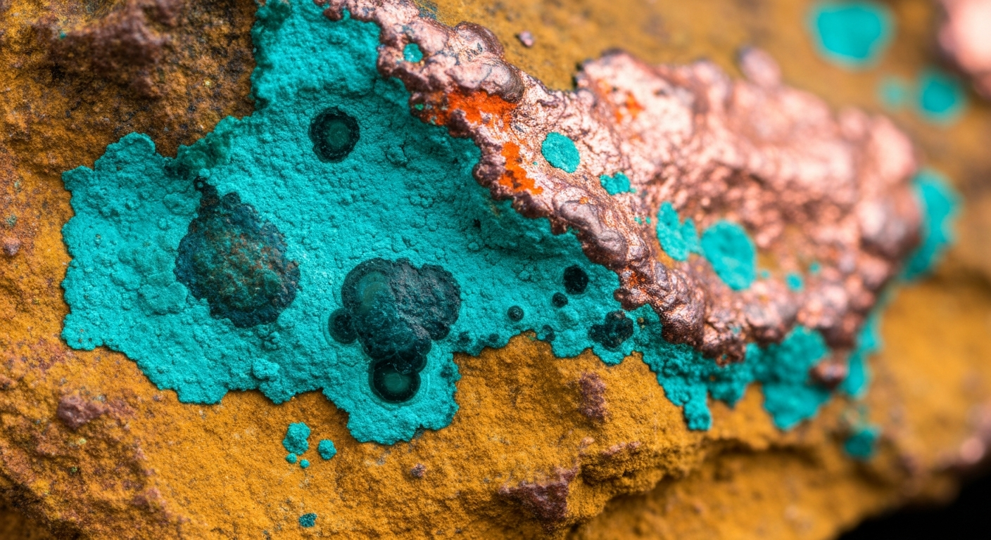 Kupfererz-Probe mit blaugrüner Malachit-Patina und metallisch-orangen Adern