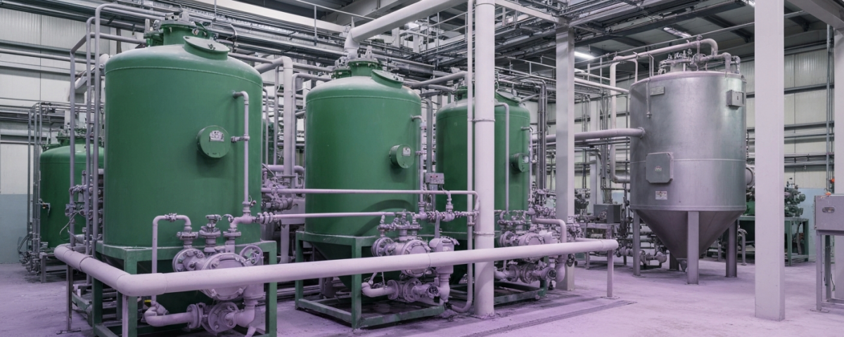 Industrielle Aufbereitungsanlage für kritische Metalle mit grünen Tanks und mineralischen Rückständen