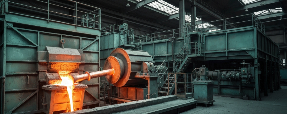 Kupferschmelzwerk mit fließendem Blister-Kupfer in industrieller Umgebung