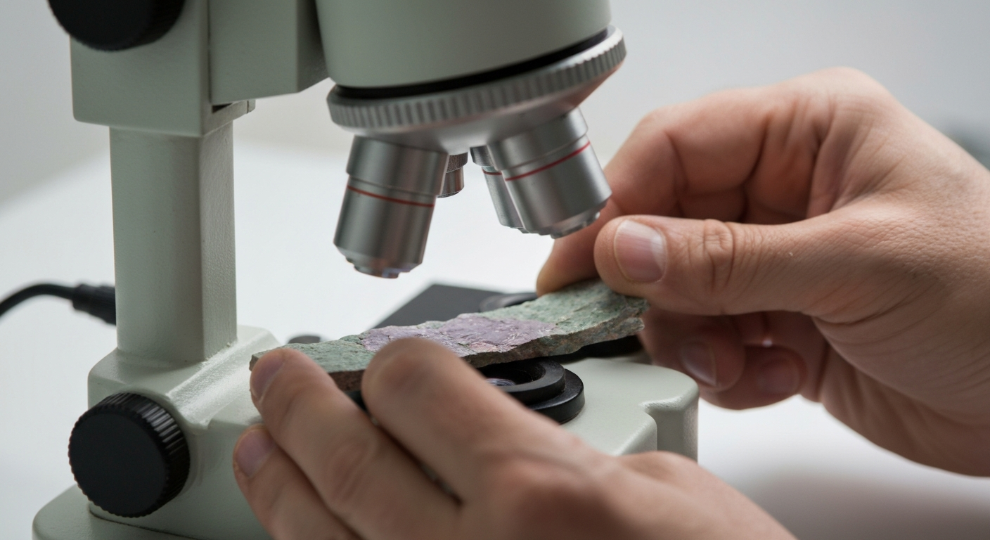 Geologe untersucht Gesteinsdünnschliff unter dem Polarisationsmikroskop auf Seltene-Erden-Mineralien