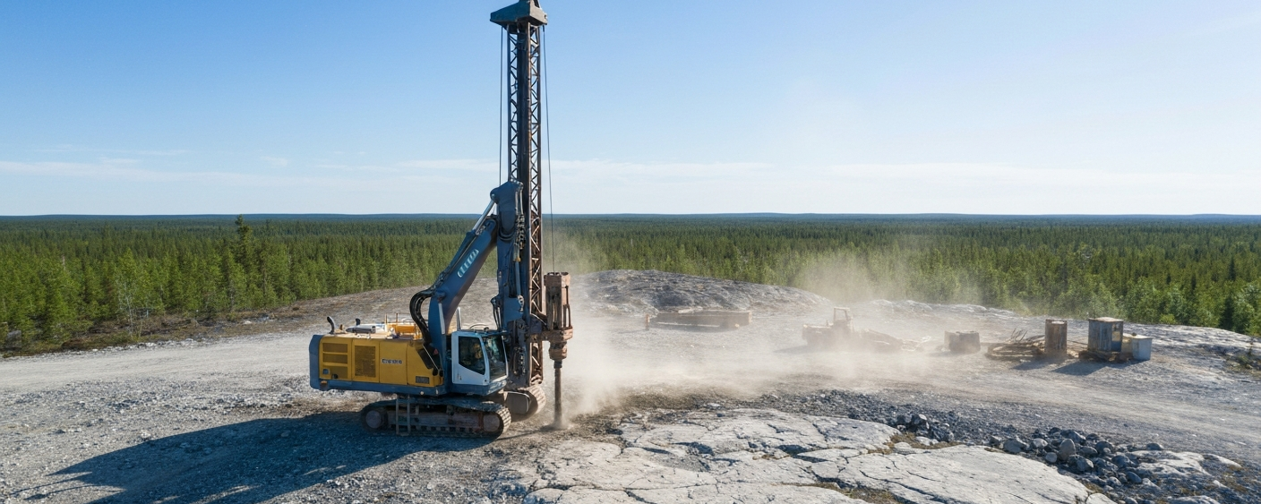 Bohranlage auf Hartgestein in Quebec bei hellem Tageslicht – Lithium-Explorationsprogramm im Sommer