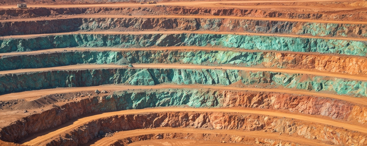 Aerial view of a copper-nickel open-pit mine with terraced rock faces and green-turquoise malachite oxidation