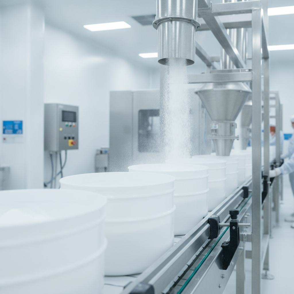 Lithiumcarbonat-Pulver wird in Industriebehälter einer modernen Verarbeitungsanlage abgefüllt