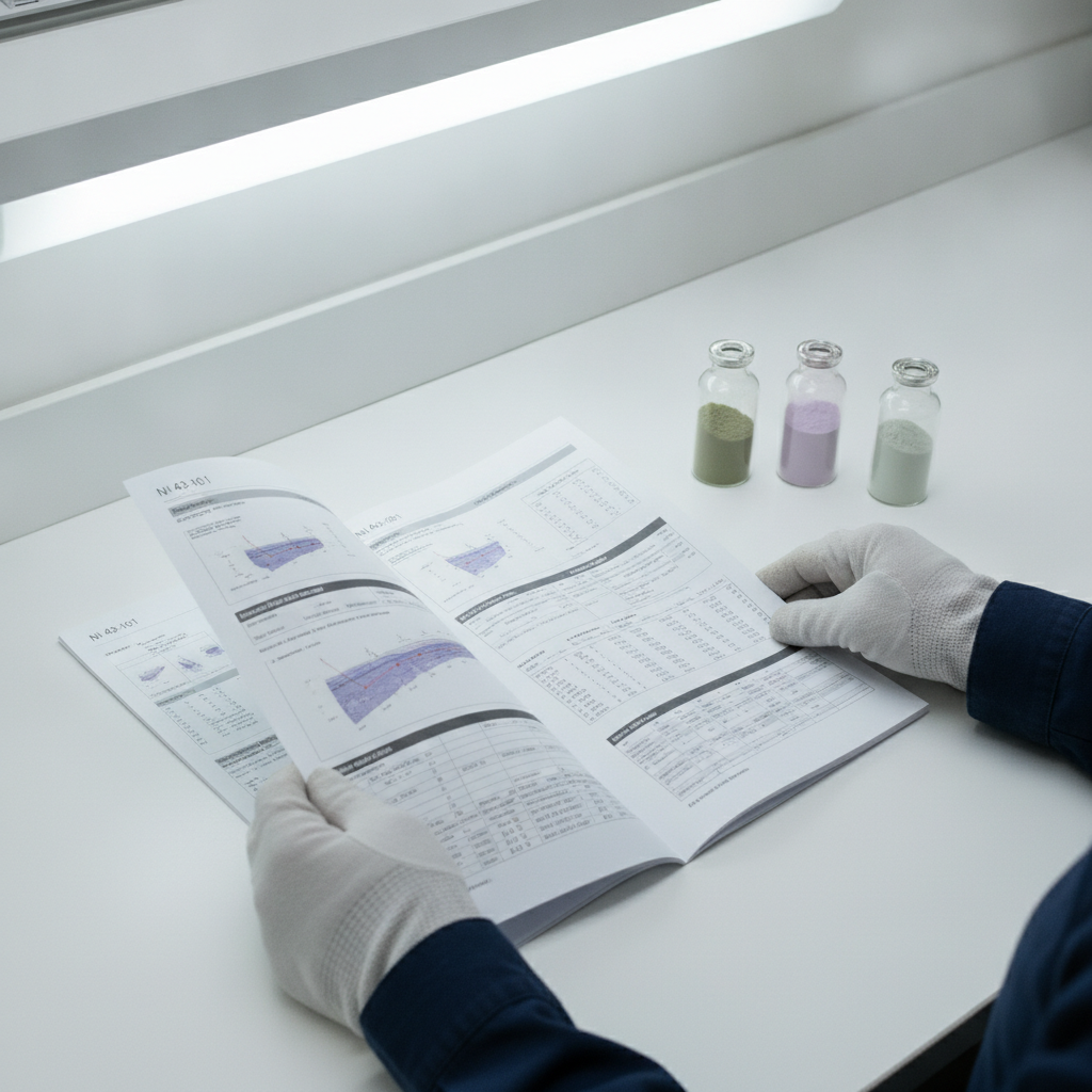 Geologe prüft NI 43-101-Bericht mit Seltene-Erden-Oxidproben auf weißem Labortisch