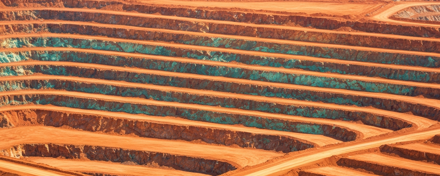 Aerial view of an open-pit copper mine with reddish-orange rock formations and blue-green oxidation traces