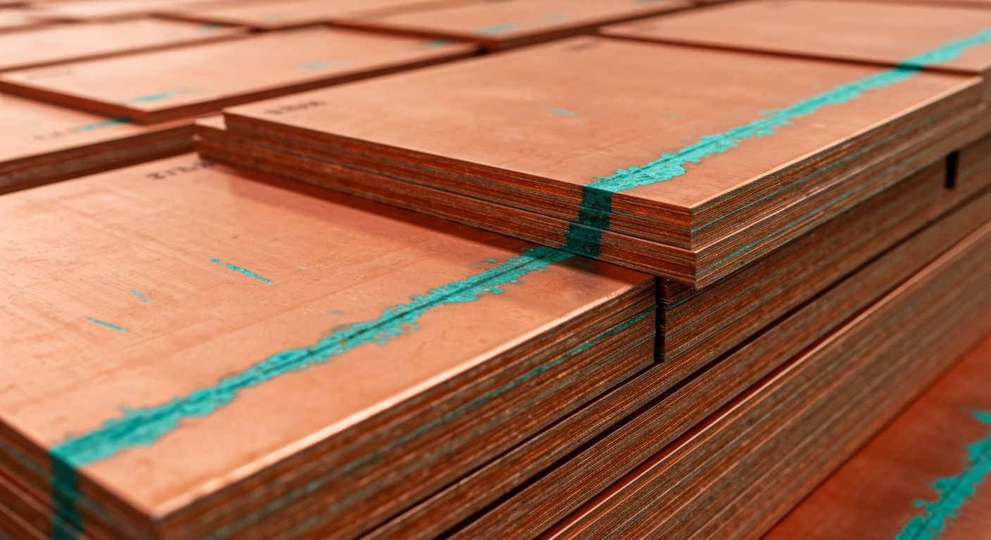 Stacked copper cathodes with a reddish-metallic surface and greenish patina at a processing facility