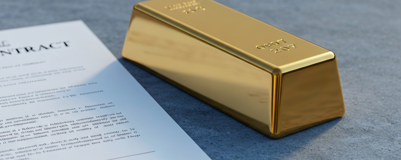 Polierter Goldbarren neben Vertragsdokument auf grauer Steinoberfläche – Symbol für Royalty-Finanzierung