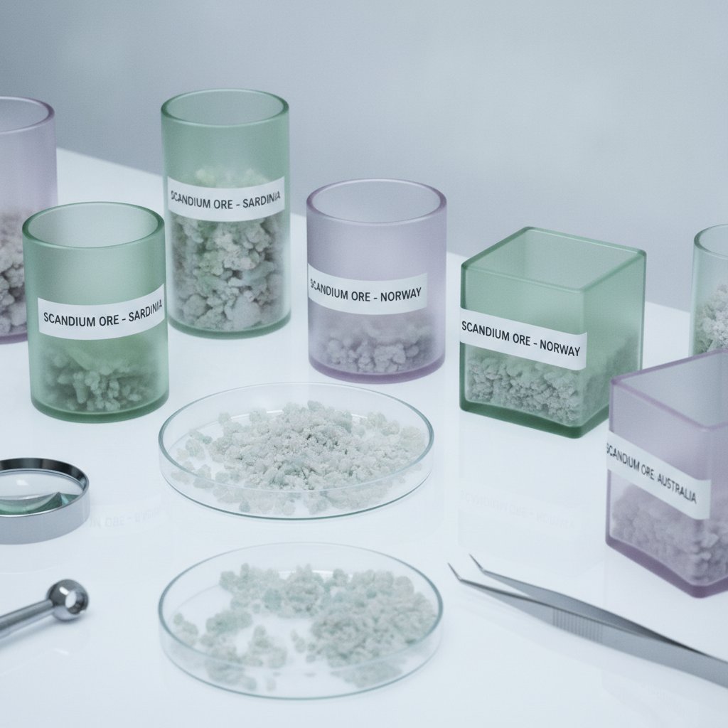 Scandium-Erzproben auf einem Mineralogen-Arbeitstisch mit Beschriftungen in kühler Laborumgebung
