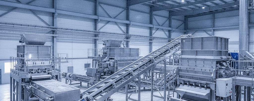 Silbererzaufbereitungsanlage mit glänzenden Förderbändern unter kühlem Industrielicht