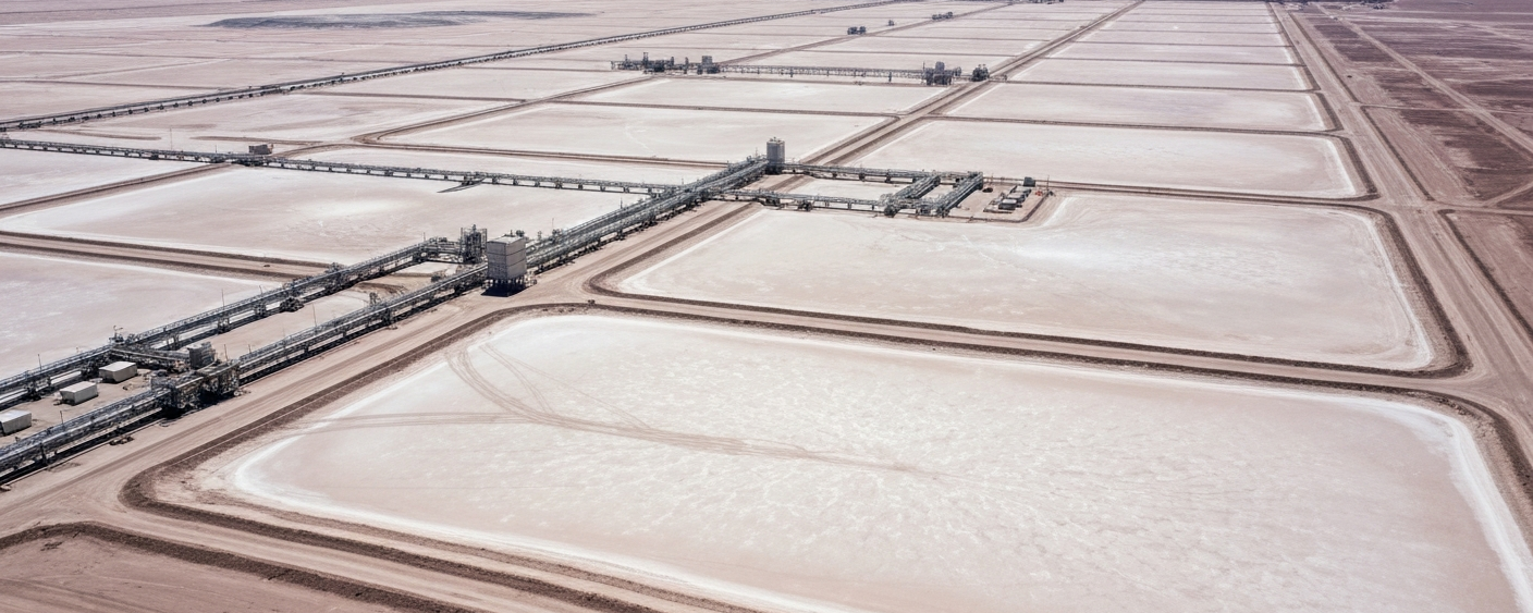 Luftaufnahme einer Lithium-Sole-Anlage im südamerikanischen Salar mit industrieller Infrastruktur