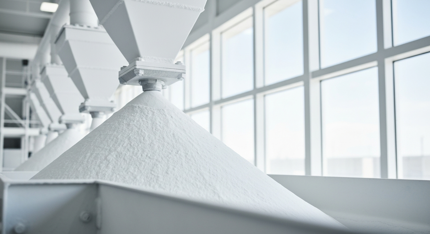 Lithiumkarbonat-Pulver in einer hellen Industrieanlage während der Verarbeitung