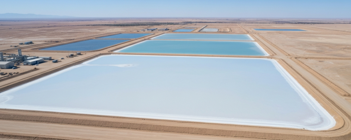 Luftaufnahme eines Lithium-Sole-Verarbeitungsstandorts mit Verdunstungsteichen in arider Landschaft