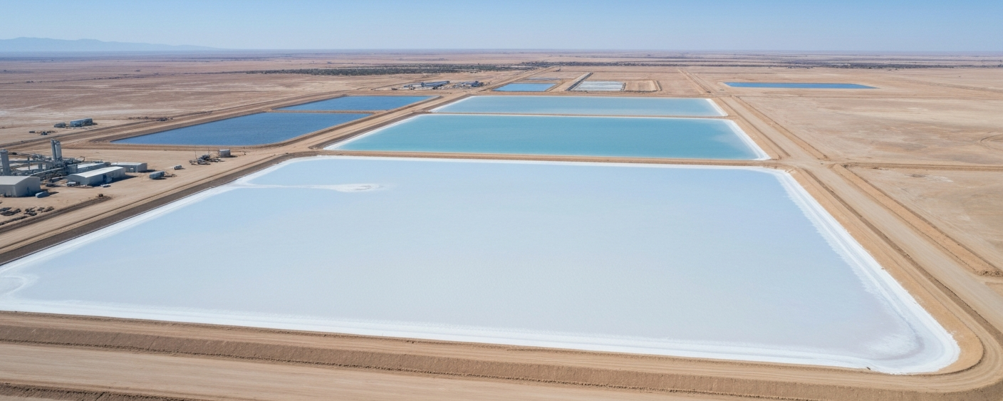 Luftaufnahme eines Lithium-Sole-Verarbeitungsstandorts mit Verdunstungsteichen in arider Landschaft