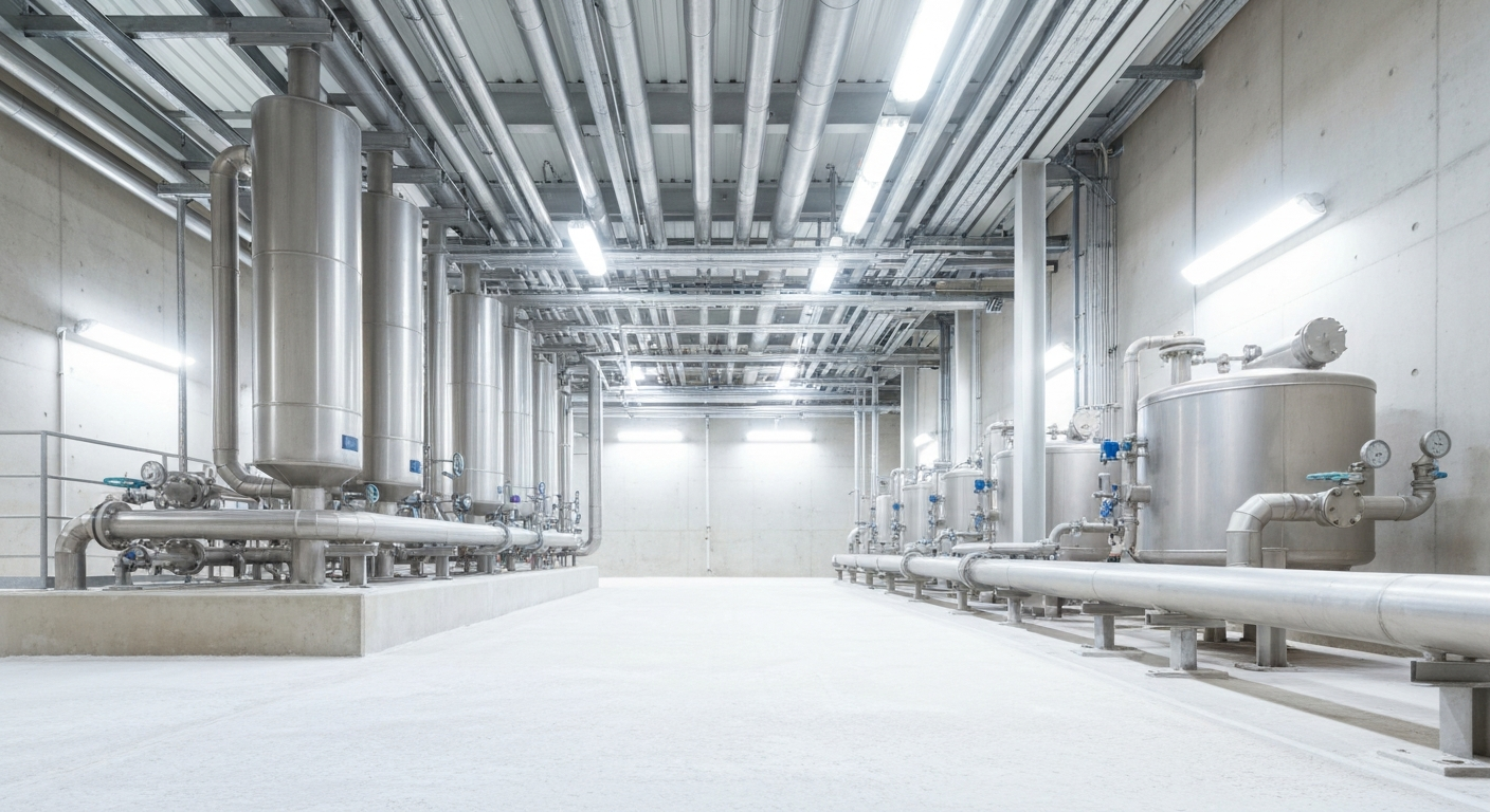 Innenansicht einer Lithium-Verarbeitungsanlage mit Rohren und chemischen Aufbereitungstanks