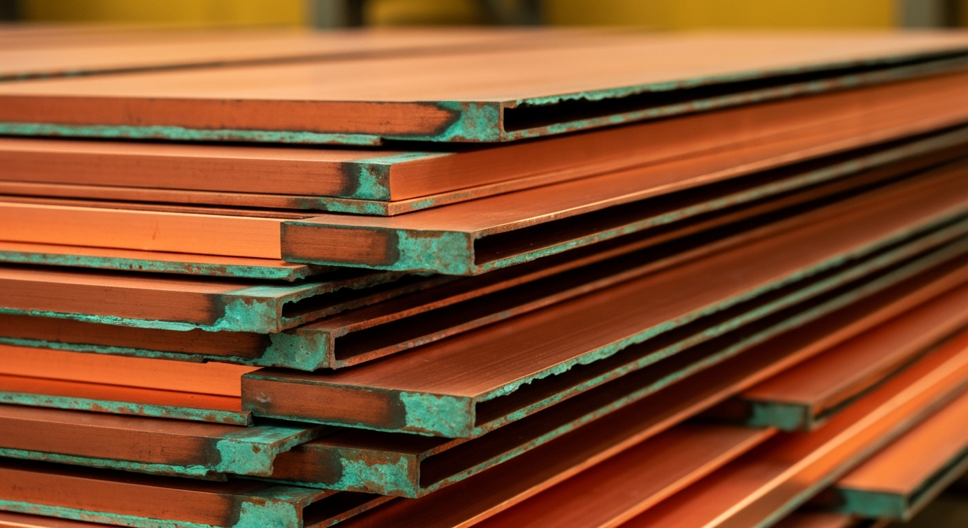 Stacked copper cathodes with a reddish-orange surface and greenish patina at a processing facility