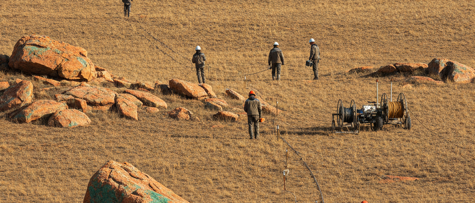 Geophysik-Team mit Elektroden-Equipment auf Kupfer-Explorationsprojekt in der Steppe